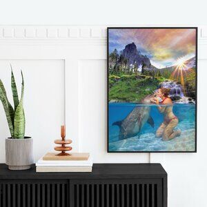 20x30 Kissing Dolphin Sunset‎ Waterfall Watercolor Oil Painting Poster Print